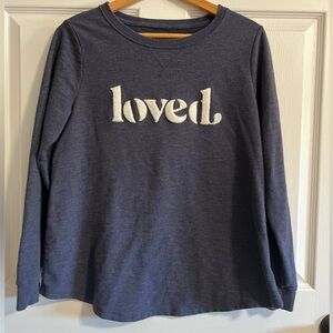 Women’s “LOVED” letterman font crewneck, Sz M, Heather blue